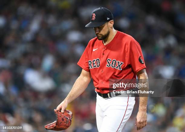 Nathan Eovaldi of the Boston Red Sox walks off of the field during the third inning against the Toronto Blue Jays at Fenway Park on July 22, 2022 in...