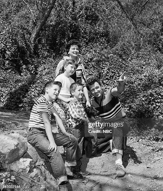 Pictured: Son Steven Raitt, daughter/future musician Bonnie Raitt, son David Raitt, wife Marjorie Raitt, actor/singer John Raitt in April, 1958 --...