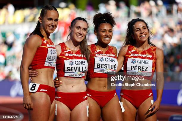 Sonia Molina-Prados, Paula Sevilla, Jaël Bestue, and Maria Isabel Perez of Team Spain pose after competing in the Women's 4x100m Relay heats on day...