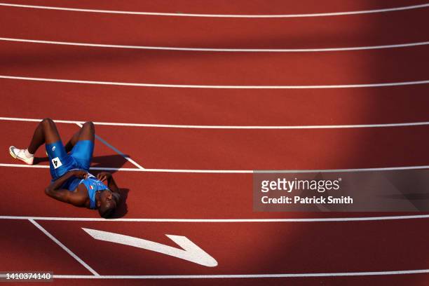 Chituru Ali of Team Italy reacts after competing in the Men's 4x100m Relay heats on day eight of the World Athletics Championships Oregon22 at...