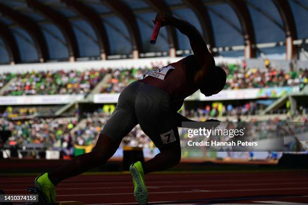 Aaron Brown of Team Canada competes in the Men's 4x100m Relay heats on day eight of the World Athletics Championships Oregon22 at Hayward Field on...