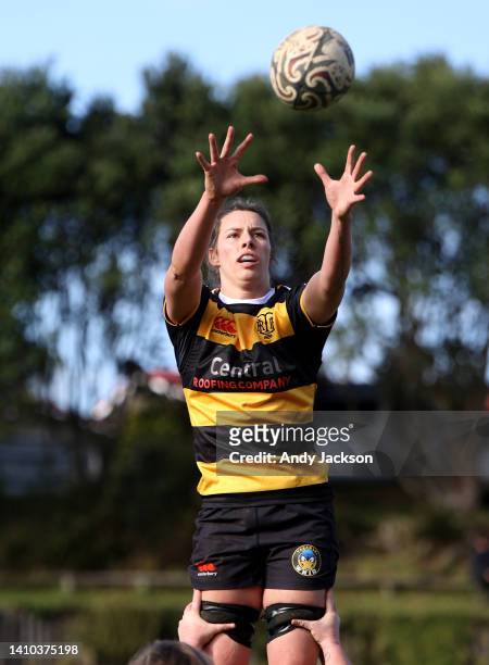 Catriona Tulloch of Taranaki takes a line out during the round two Farah Palmer Cup match between Taranaki and North Harbour at , on July 23 in New...