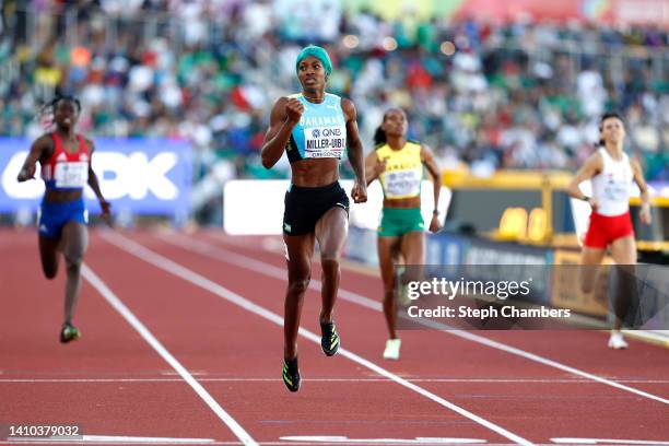 Shaunae Miller-Uibo of Team Bahamas competes in the Women's 400m Final on day eight of the World Athletics Championships Oregon22 at Hayward Field on...