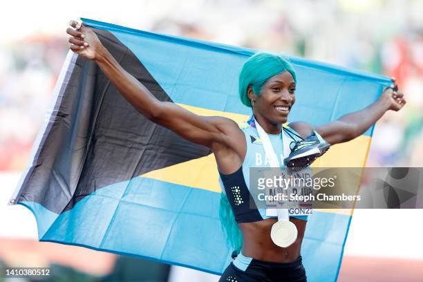 Shaunae Miller-Uibo of Team Bahamas celebrates after winning gold in the Women's 400m Final on day eight of the World Athletics Championships...