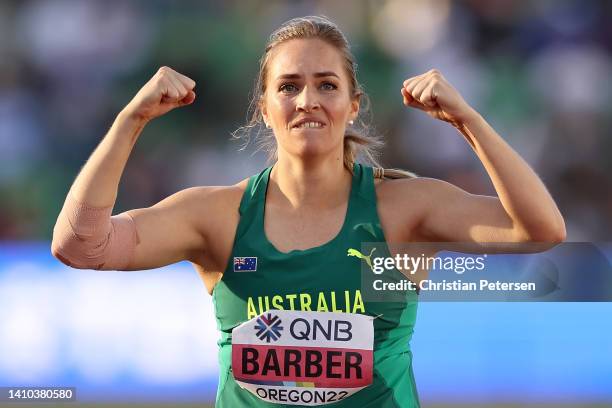 Kelsey-Lee Barber of Team Australia reacts after competing in the Women's Javelin Final on day eight of the World Athletics Championships Oregon22 at...