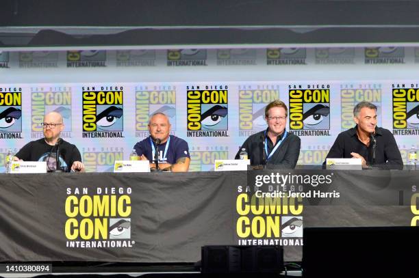 Steven Weintraub, Tim Miller, Andrew Stanton, and Chad Stahelski speak onstage during "Collider": Directors On Directing Panel At Comic-Con at San...