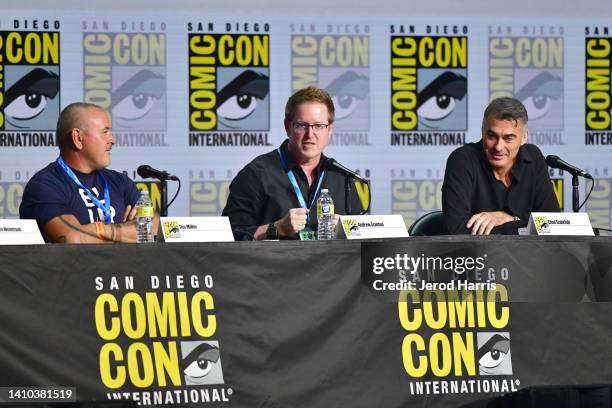 Tim Miller, Andrew Stanton and Chad Stahelski speak onstage during "Collider": Directors On Directing Panel At Comic-Con at San Diego Convention...