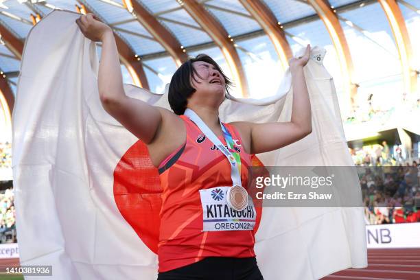 Haruka Kitaguchi of Team Japan celebrates after winning bronze in the Women's Javelin Final on day eight of the World Athletics Championships...