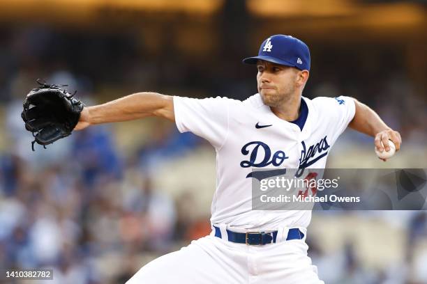 Tyler Anderson of the Los Angeles Dodgers pitches against the San Francisco Giants during the first inning at Dodger Stadium on July 22, 2022 in Los...