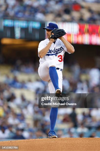 Tyler Anderson of the Los Angeles Dodgers pitches against the San Francisco Giants during the first inning at Dodger Stadium on July 22, 2022 in Los...