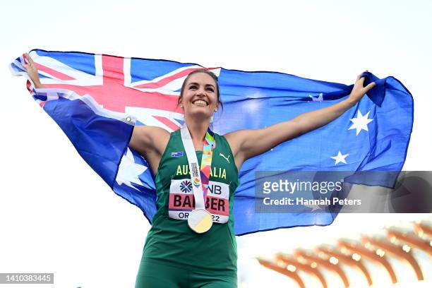 Kelsey-Lee Barber of Team Australia celebrates after winning gold in the Women's Javelin Final on day eight of the World Athletics Championships...