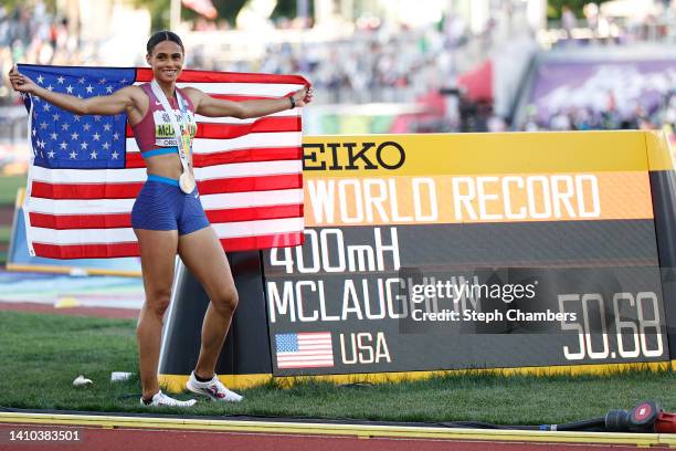 Sydney McLaughlin of Team United States celebrates after winning gold and setting a new world record in the Women's 400m Hurdles Final on day eight...