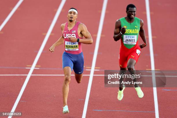 Michael Norman of Team United States and Kirani James of Team Grenada compete in the Men's 400m Final on day eight of the World Athletics...