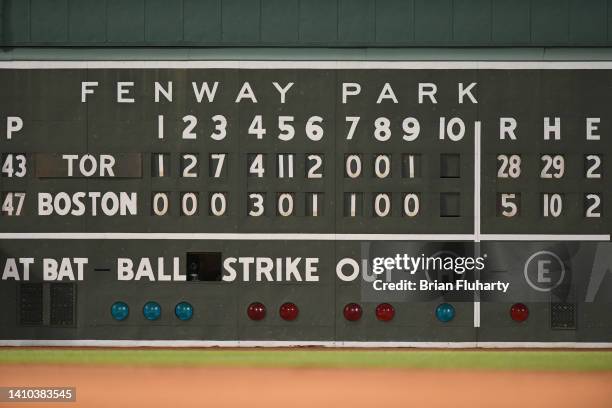 General view of the Green Monster scoreboard after the Toronto Blue Jays defeated the Boston Red Sox at Fenway Park on July 22, 2022 in Boston,...