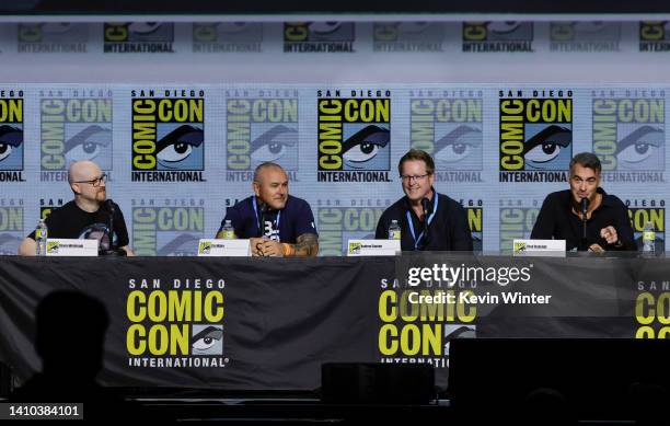 Steven Weintraub, Tim Miller, Andrew Stanton, and Chad Stahelski speak onstage at the Collider: "Directors on Directing" panel during 2022 Comic Con...