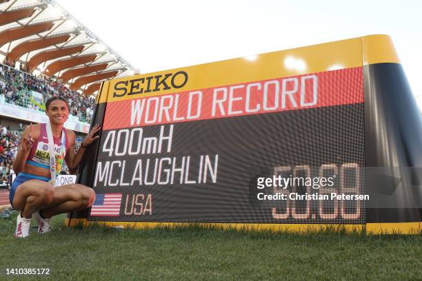 Sydney McLaughlin of Team United States celebrates after winning gold and setting a new world record in the Women's 400m Hurdles Final on day eight...