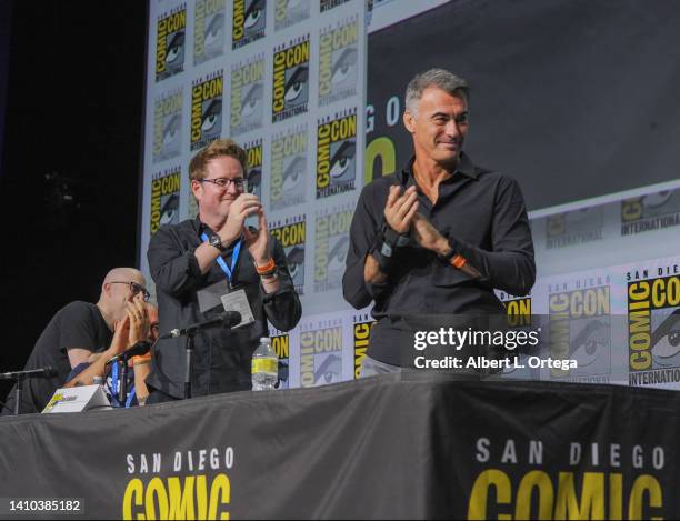 Steven Weintraub, Andrew Stanton, and Chad Stahelski speak onstage at the Collider: "Directors on Directing" panel during 2022 Comic Con...
