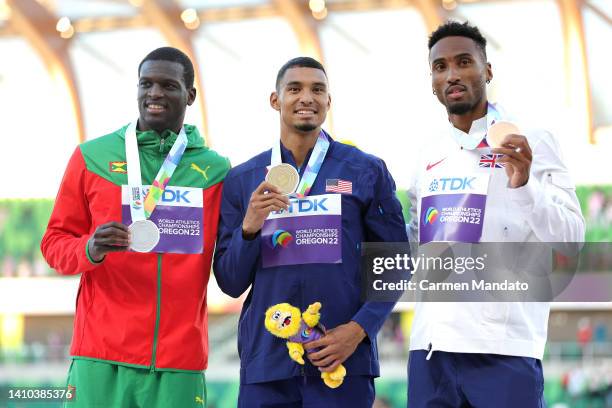 Silver medalist Kirani James of Team Grenada, gold medalist Michael Norman of Team United States, and bronze Matthew Hudson-Smith of Team Great...