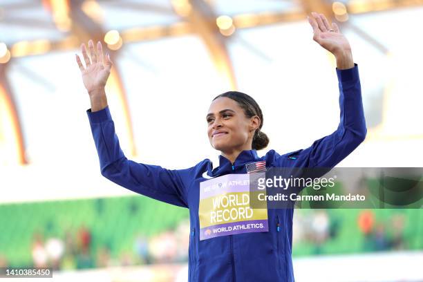 Gold medalist Sydney McLaughlin of Team United States poses during the medal ceremony for the Women's 400m Hurdles Final on day eight of the World...