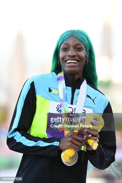 Gold medalist Shaunae Miller-Uibo of Team Bahamas poses during the medal ceremony for the Women's 400m Final on day eight of the World Athletics...