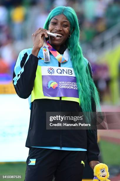 Gold medalist Shaunae Miller-Uibo of Team Bahamas poses during the medal ceremony for the Women's 400m Final on day eight of the World Athletics...