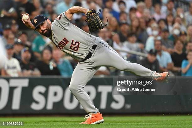 Jose Urquidy of the Houston Astros throws the ball to first base during the fifth inning against the Seattle Mariners at T-Mobile Park on July 22,...