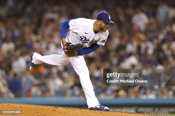 David Price of the Los Angeles Dodgers pitches against the San Francisco Giants during the seventh inning at Dodger Stadium on July 22, 2022 in Los...