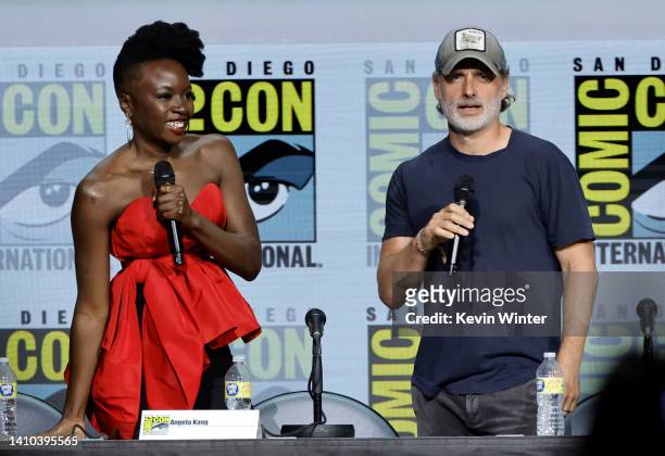 Danai Gurira and Andrew Lincoln speak onstage at AMC's "The Walking Dead" panel during 2022 Comic-Con International: San Diego at San Diego...