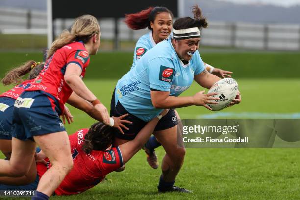 Hikitia Wikaira of Northland scores a try during the round two Farah Palmer Cup match between Northland and Tasman at Semenoff Stadium, on July 23 in...