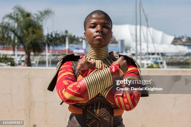 Black Panther cosplayer Stephanie Johnson as General Okoye poses for photos at 2022 Comic-Con International Day 2 at San Diego Convention Center on...