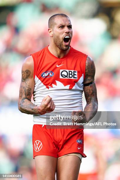 Lance Franklin of the Swans celebrates kicking a goal during the round 19 AFL match between the Sydney Swans and the Adelaide Crows at Sydney Cricket...