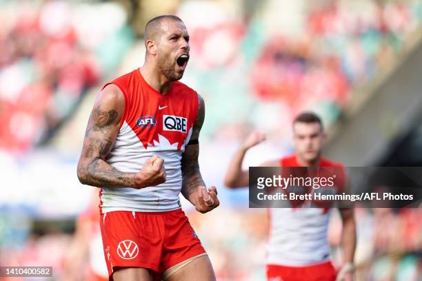Lance Franklin of the Swans celebrates kicking a goal during the round 19 AFL match between the Sydney Swans and the Adelaide Crows at Sydney Cricket...