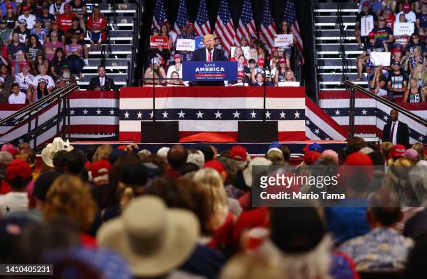 Former President Donald Trump speaks to the crowd at a ‘Save America’ rally in support of Arizona GOP candidates on July 22, 2022 in Prescott Valley,...