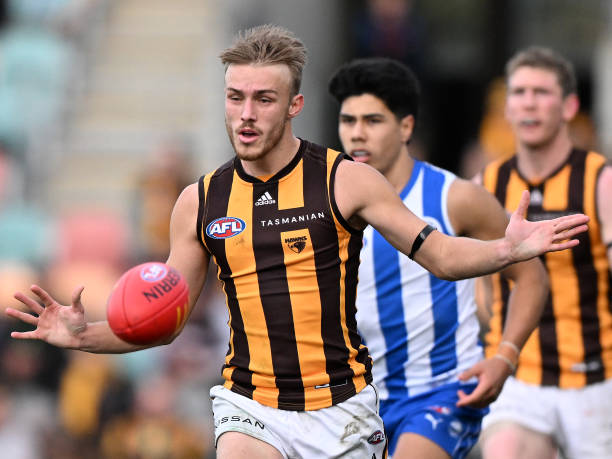Josh Morris of the Hawks in action during the round 19 AFL match between the North Melbourne Kangaroos and the Hawthorn Hawks at Blundstone Arena on...