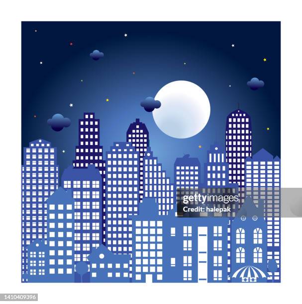 stadt und mondschein - romantischer sonnenuntergang stock-grafiken, -clipart, -cartoons und -symbole