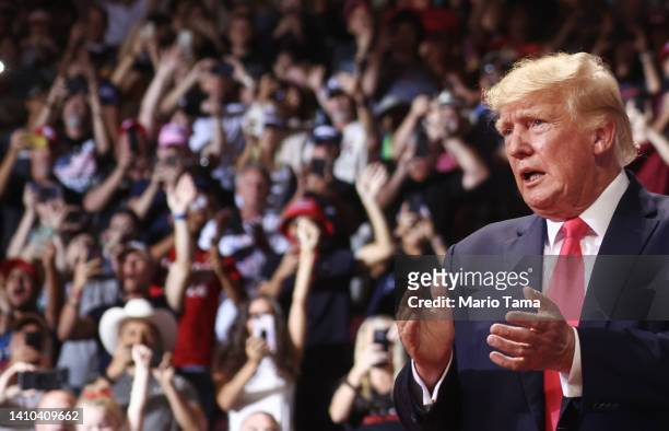 Former President Donald Trump applauds at a ‘Save America’ rally in support of Arizona GOP candidates on July 22, 2022 in Prescott Valley, Arizona....