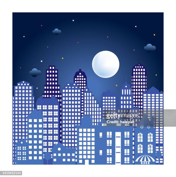 ilustrações de stock, clip art, desenhos animados e ícones de city and moonlight - céu romântico