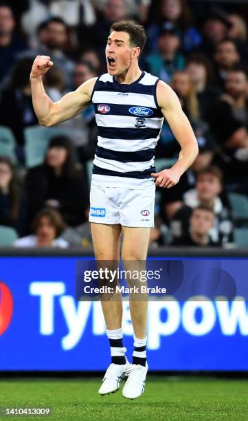 Jeremy Cameron of the Cats celebrates a goal during the round 19 AFL match between the Port Adelaide Power and the Geelong Cats at Adelaide Oval on...