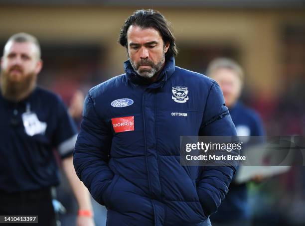 Chris Scott, coach of Geelong, during the round 19 AFL match between the Port Adelaide Power and the Geelong Cats at Adelaide Oval on July 23, 2022...