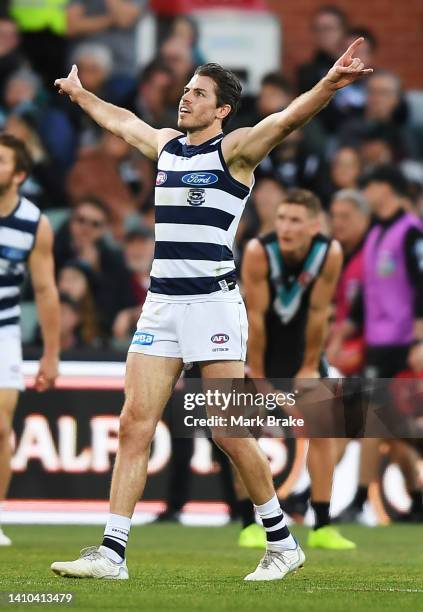 Isaac Smith of the Cats celebrates a goal on the half time siren during the round 19 AFL match between the Port Adelaide Power and the Geelong Cats...