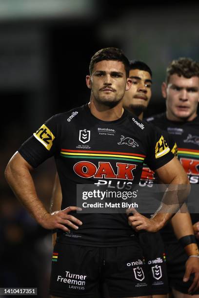 Nathan Cleary of the Panthers looks on during the round 19 NRL match between the Penrith Panthers and the Cronulla Sharks at BlueBet Stadium on July...