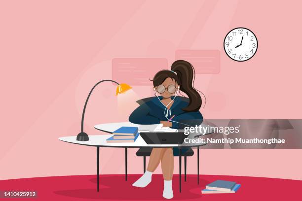 adult online learning illustration concept shows a relaxing woman studying in her home for learning online via wireless technology by using the laptop on the pink background. - cartoon office background stock pictures, royalty-free photos & images