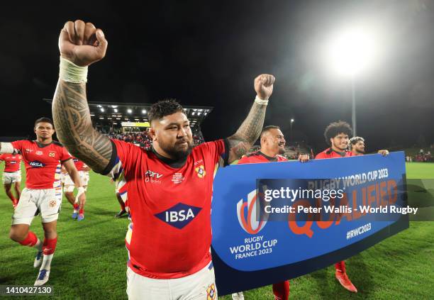 Tonga's Ben Tameifuna celebrates winning the game after the Rugby World Cup Pacific Play-Off match between Tonga and Hong Kong at Sunshine Coast...