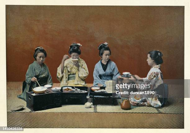japanese women eating a meal, kneeling, rice bowls, history japan 1890s, 19th century - asian cuisine japanese cuisine stock illustrations