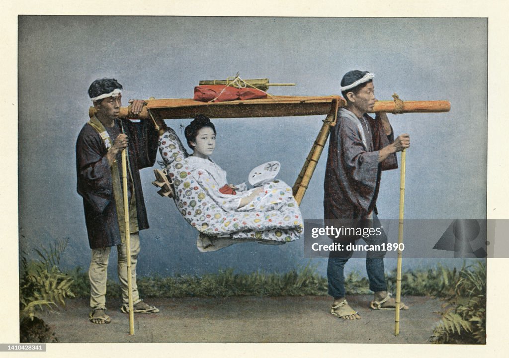 Japanese woman carried in a sedan chair, litter, History Japan 1890s, 19th Century