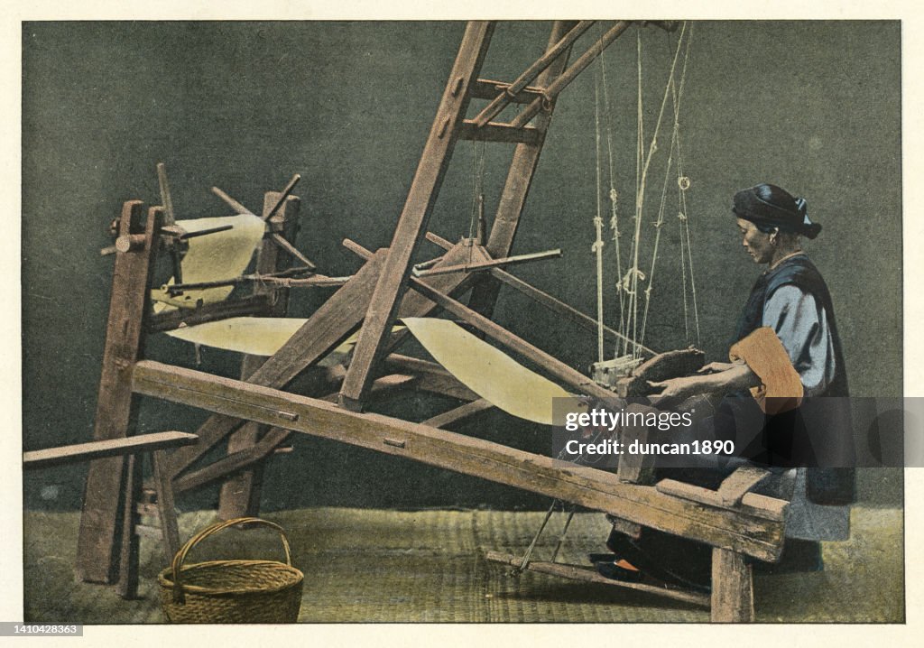 Chinese weaver, woman weaving using a wooden loom, History China 1890s, 19th Century