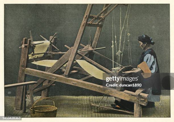 chinese weaver, woman weaving using a wooden loom, history china 1890s, 19th century - loom stock illustrations