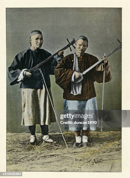 blind chinese street musicians busking, playing sanxian, history china 1890s, 19th century - persons with disabilities photos stock illustrations