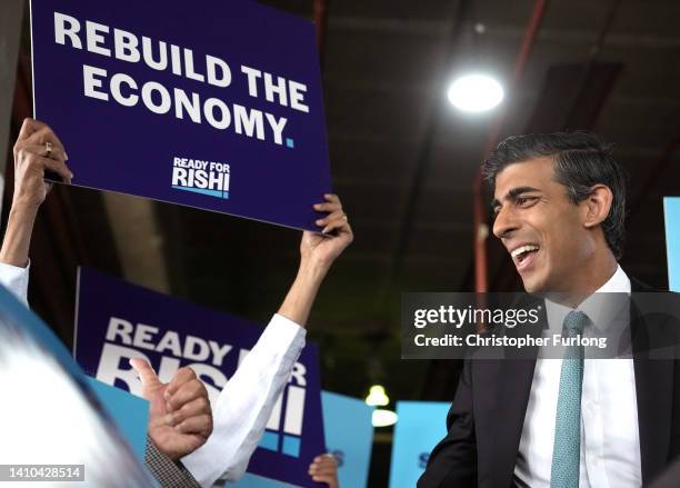 Conservative Leadership hopeful Rishi Sunak speaks while campaigning on July 23, 2022 in Grantham, England. Former Chancellor Rishi Sunak has chosen...