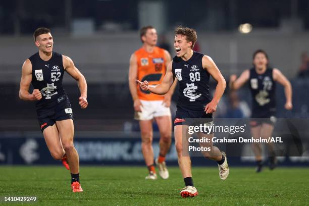 Archie Stevens of Carlton celebrates kicking a goal during the round 18 VFL match between Carlton Blues and GWS Giants at Ikon Park on July 23, 2022...
